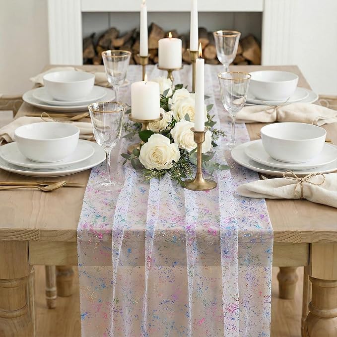 Artoid Mode Colorful Gold Gauze Table Runner 59x120 Inch 10FT, Glitter Metallic Foil Sheer Dining Wedding Anniversary Holiday Birthday Table Decor for Home Party