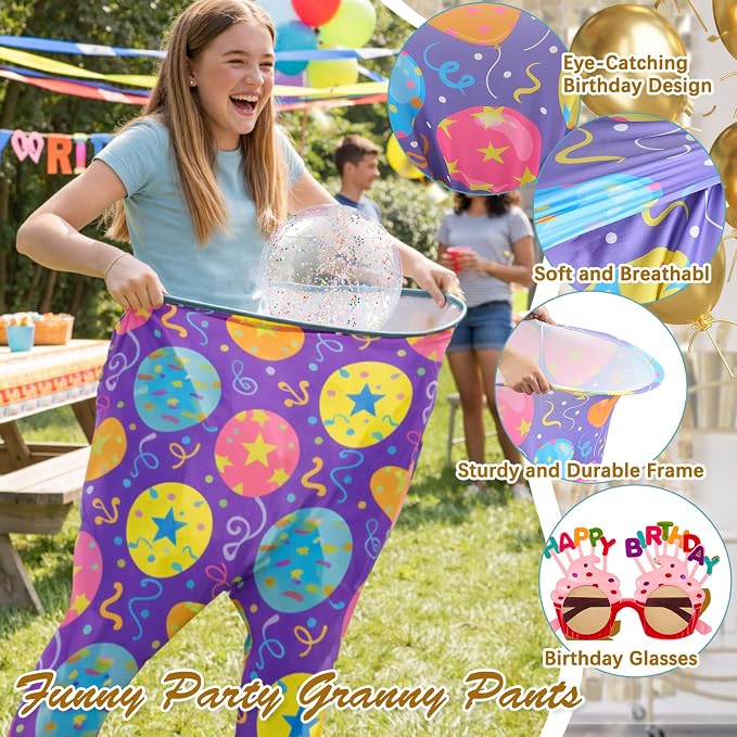 11 Pcs Birthday Granny Pants Set, 2 Giant Inflatable Pants with 1 Pump 6 Bouncy Balls & 2 Birthday Glasses, Outdoor Tossing Party Activity for Adults & Family Gatherings