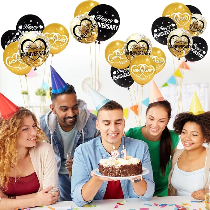30Pcs Happy Anniversary Balloons Decorations Kit, 12 Inch Black Gold Happy Wedding Anniversary Latex Confetti Balloons Party Supplies, 10th 20th 30th 40th 50th 60th Indoor Outdoor