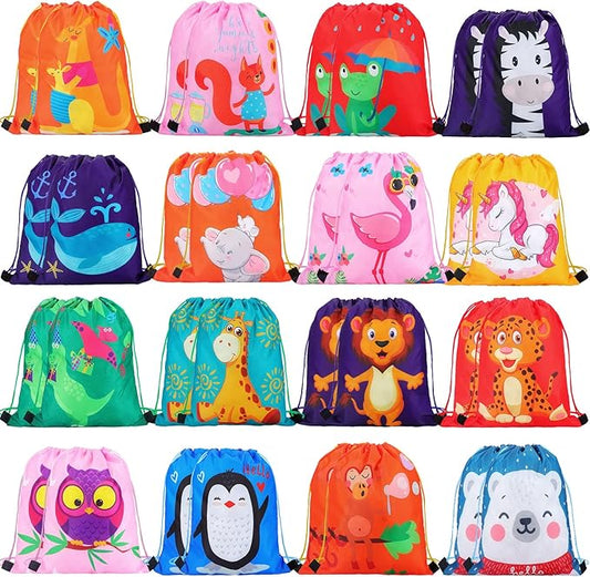 Shappy 32 Pack Animal Drawstring Bags for Kids Supplies Cartoon Animal Party Favor Backpack String Bags for Boys Girls Candy Treat Gift Baby Shower Birthday Decoration Return