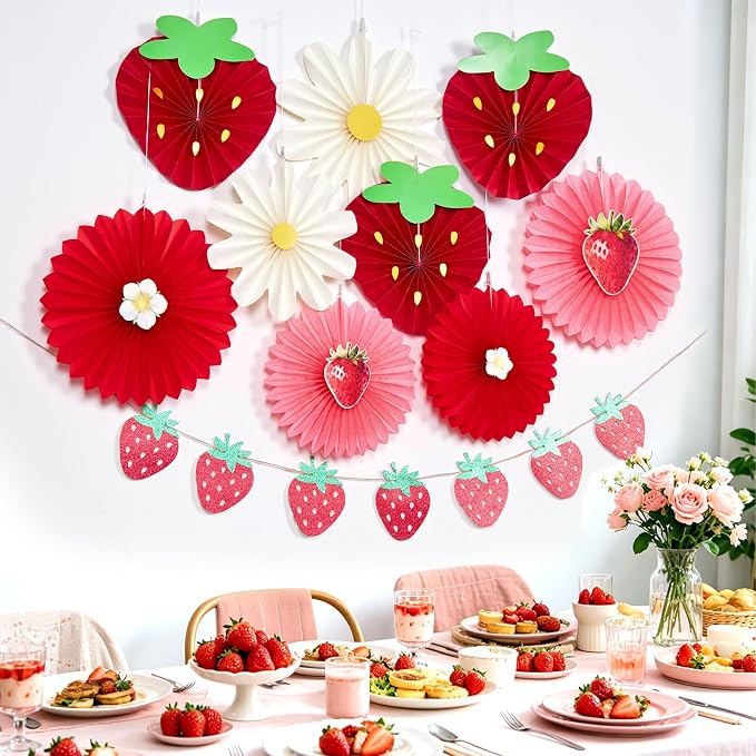 OBBOLO Strawberry Party Decorations, Strawberry and White Flower Paper Fans, with Strawberry Banner, for Berry First Birthday, Sweet 1st Birthday, Baby Shower, Strawberry Themed Birthday Hanging Decor