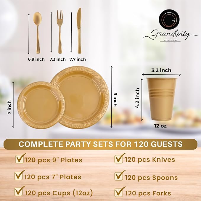 720 Piece Gold Disposable Dinnerware Set (120 Guests) Plastic Dinnerware Set Disposable - 120 Count, 9" Dinner Plates, 7" Dessert Plates, 12oz Cups, Forks, Knives & Spoons- Plastic Party Plates Set