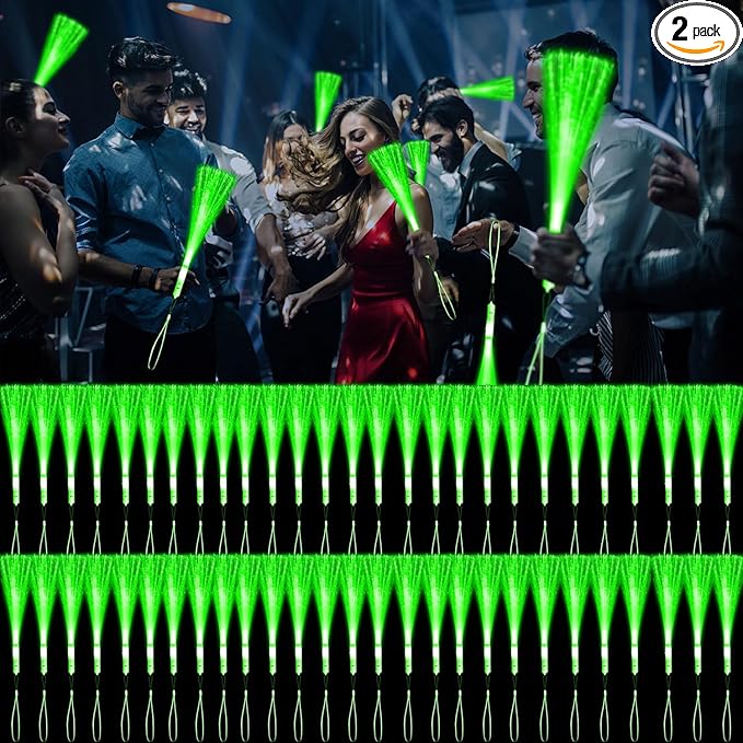 72 PCS Green Fiber Optic Wands Glow Fiber Wands Bulk LED Light Up Wands with 3 Flashing Modes LED Flashing Sticks for Hawaii Carnival Christmas St. Patrick’s Day Wedding Bridal Shower Birthday