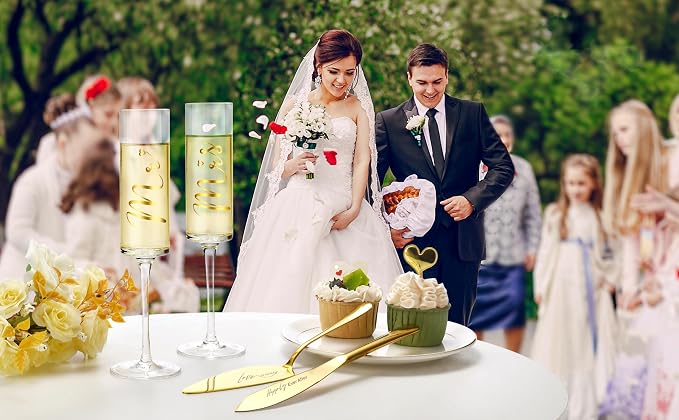 ROXBURGH Wedding Cake Knife and Server Set, Bride and Groom Mr and Mrs Champagne Flutes & Forks with Giftable Box, Cake Cutting Set for Wedding Engagement Bridal Shower Gifts