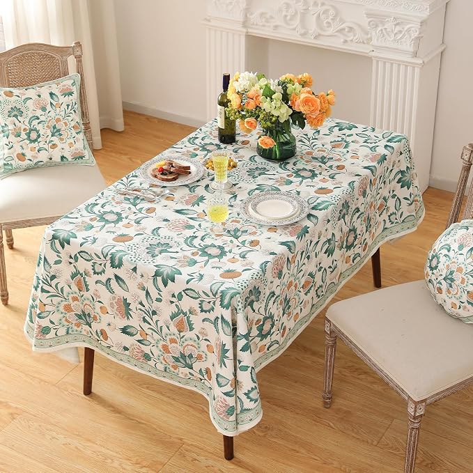 patdrea Vintage French Linen Tablecloth,Rectangular,71"x55"-Tree Life | Elegant Colorful Table Cloth for Rectangle Table,Green Floral Patterned,for Dining Room Tea Party Thanksgiving,Durable