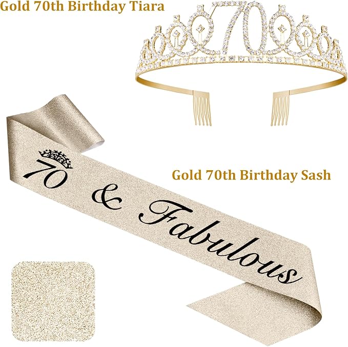 70th Birthday Decorations Gifts for Women Including 12oz Wine Tumbler Coffee Mug, Crown and Sash, Candles & Cake Topper, 70th Birthday Gifts Idea Gold White