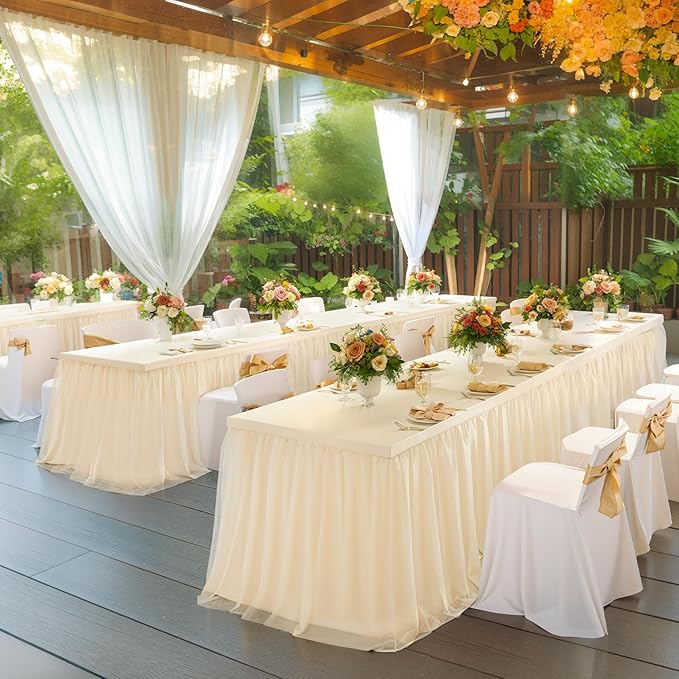 Champagne Tablecloth for 8 Foot Rectangle Tables, Ruffle Tulle Table Skirt for Rectangle Table 8ft Tables Cover Fitted Banquet Birthday Party Wedding Tablecloth Elastic Stretch
