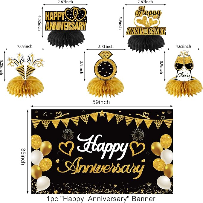 Turypaty Happy Anniversary Decorations Kit - Black Gold Wedding Party Supplies - Large Banner, Backdrop, Table Centerpieces, Hanging Swirl, Paper Pompoms Decors