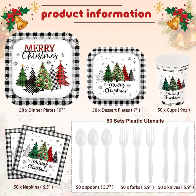 Ziliny 350 Pcs Christmas Party Supplies Christmas Tree Hanging Ball Party Tableware Set Square Paper Plates Disposable Napkins Cups Plastic Cutlery for Xmas Holiday Serves 50 Guests (Xmas Plaid Tree)