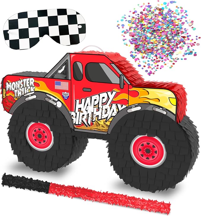 Jergrim Monster Truck Piñata, 4 Piece Set, perfect for Kids Birthday Parties, Race Car Party Supplies fits piñata candy and party favors (16”X10”) Durable!