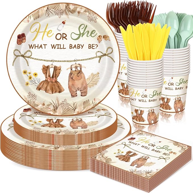 168 Pcs Boho Clothes Gender Reveal Party Favors Neutral Gender Reveal Plates and Napkins Sets He or She Baby Shower Party Supplies Disposable Tableware Set Serve 24