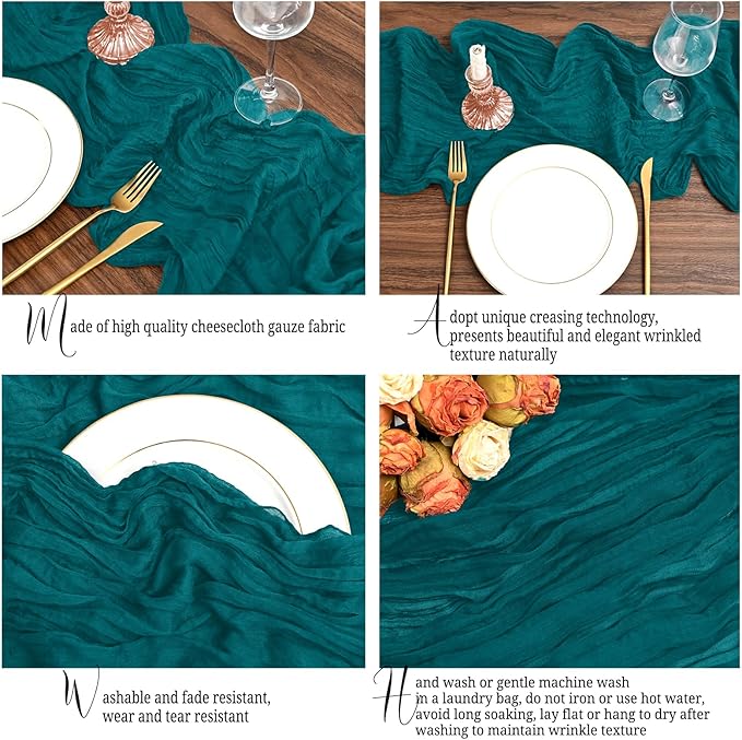 12 Pack Teal Table Runner 10Ft Cheesecloth Table Runner Rustic Gauze Table Runners Romantic Long Sheer Fabric Cheese Cloth Table Runners for Wedding Party Bridal Baby Shower