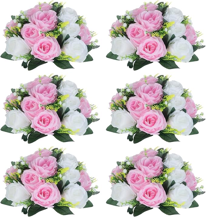 NUPTIO Flower Centerpieces for Wedding Tables: 6 Pcs Pink & White Artificial Flower Ball Arrangement for Weddings Party - Fake Floral Rose for Birthday Bridal Shower Decorations