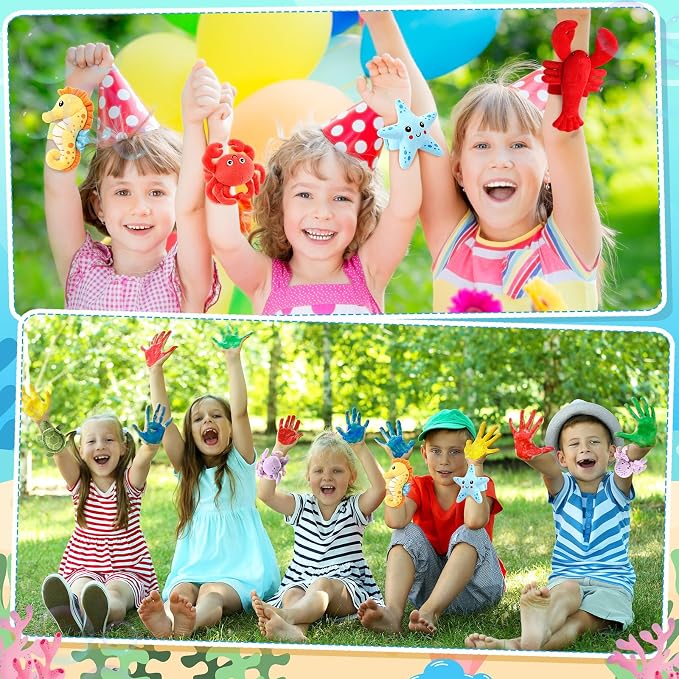 Gemscream 6 Pcs Stuffed Animal Slap Bracelets for Kids, 8 Inch Back to School Small Classroom Prizes Toy, Wrist Snap Bracelets Birthday Gifts for Boys Girls Pet Adoption Party Favors(Ocean Theme)