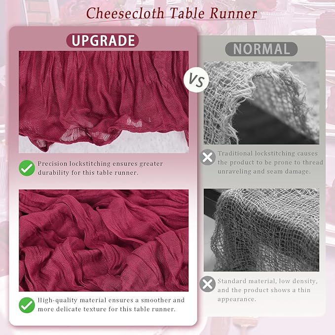 10 Pack Burgundy Cheesecloth Table Runner 17x108 Inch Semi Sheer Boho Rustic Gauze Cheese Cloth Table Runners for Wedding Party Birthday Baby Shower Home Décor