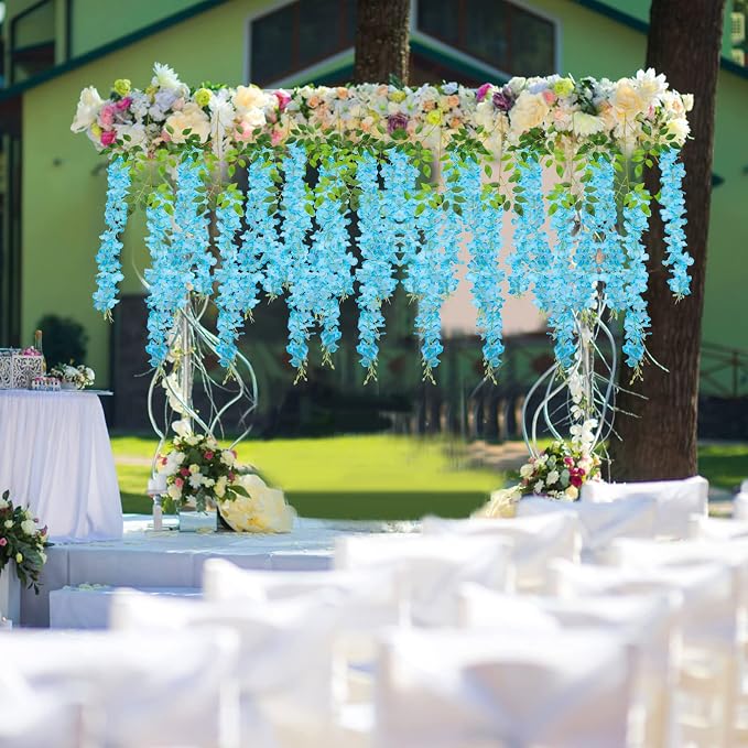U'Artlines 24 Pack(Total 86.4 Feet) Artificial Fake Wisteria Vine Rattan Hanging Garland Silk Flowers String Home Party Wedding Decor (24, Blue)