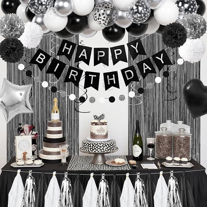 Black and White Birthday Party Decorations, Black Metallic Silver Confetti Balloons Happy Birthday Banner Fringe Curtains Hanging Swirls Circle Dots Paper Tassels Pompoms for Men Boys Party Supplies
