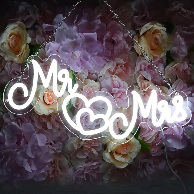 Mr and Mrs Neon Sign for Wall Decor,Neon Wedding Signs for Reception,Mr and Mrs Sign for Wedding Decorations,Wedding neon sign for Engagement Party，Anniversary,Valentine's Day,15.7 * 8.7 inch(D251)
