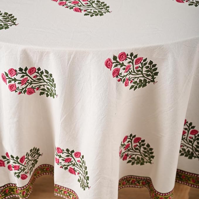 Hand Block Printed Tablecloth – Colorful Floral Print | 100% Cotton | Indian Artisan Handmade Art | Dining Room, Kitchen, Outdoor Décor, (Soft Petal Glow, 8 Seater 90 Inches Round)