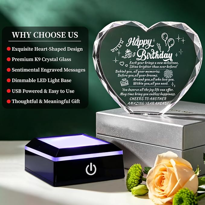 Birthday gift Love crystal with color LED base laser engraving, for husband, wife, mother, father and friends to prepare a unique birthday crystal decoration ideas.