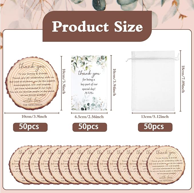 50 Sets Wedding Favors for Guests Cork Coasters Bulk Thank You Cards Organza Bags Wood Coaster Rustic Wedding Gift Bridal Shower Party Favors