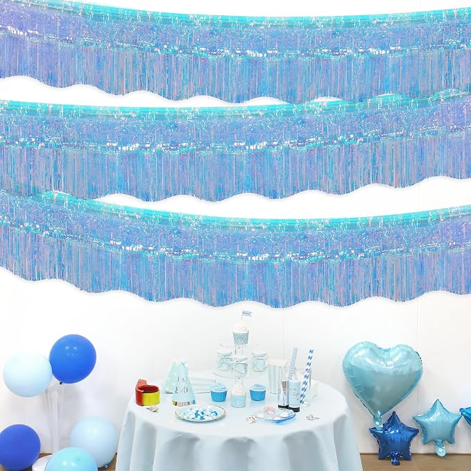 LOLStar Iridescent Blue Foil Fringe Tinsel Garland Streamer Banner, 6 Pack | 60Ft Tinsel Streamers, Shiny Iridescent Blue Wall Hanging Tinsel Fringe Banners for Mermaid, Snow, Sea, Unicorn Party Decor