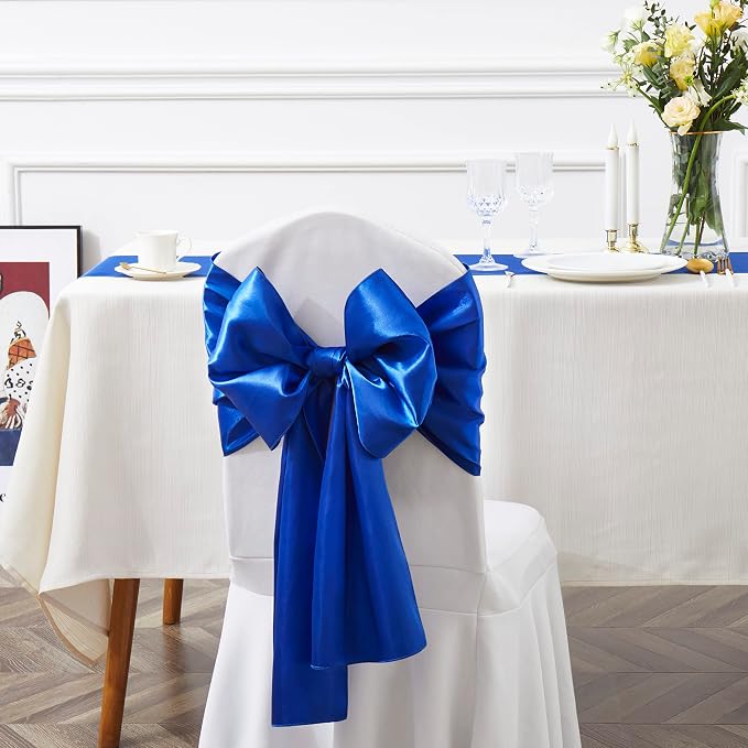 50 Pcs Royal Blue Satin Chair Sashes Bows Universal Chair Cover for Wedding Reception Events Banquets Party, Hotel Event Decorations, 6 x 108 inch