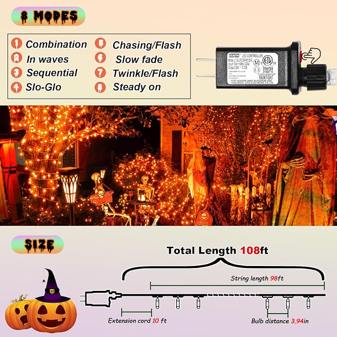 300 Led Orange String Lights Outdoor Halloween Decorations, 108 Ft Thanksgiving Decor Lights 8 Modes Fairy Lights for Bedroom Yard Room Decor