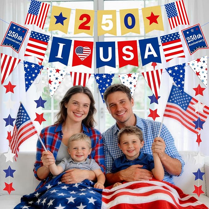 250th Anniversary Decorations 4th of July Decorations Including 250th Anniversary US Banner Star Garland 250 Banner Hanging Swirls