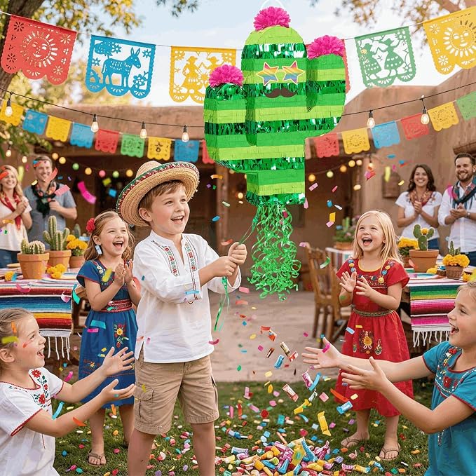 WERNNSAI Cinco De Mayo Cactus Piñata - Mexican Party Decorations Pull String Piñata Bundle with Blindfold and Bat Mexican Piñata for Fiesta Party Decorations Luau Event Carnivals Festivals Supplies