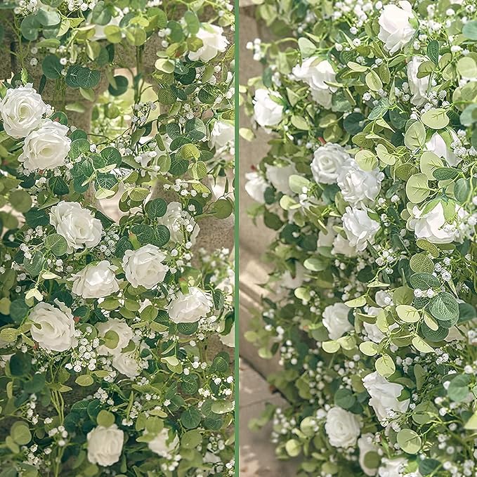 Anna's Whimsy 2PCS 5.91FT Artificial Eucalyptus Garland with Flowers, Fake Rose Gypsophila Garland, Faux Floral Greenery Garlands for Wedding Spring Home Party Table Runner Decor（White）