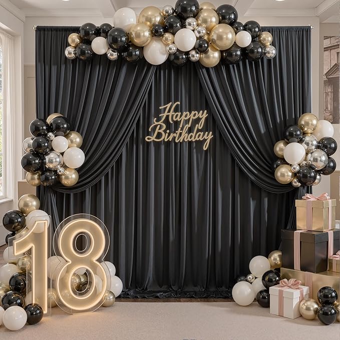 30ft x 8ft Wrinkle Free Black Backdrop Curtains for Parties, 6 Panels Thick Polyester Photo Backdrop Drapes for Weddings Birthday Photography Background Curtains