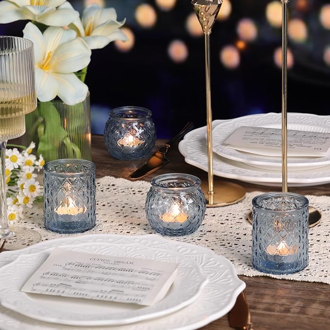 DARJEN 12Pcs Blue Votive Candle Holders- Glass Candle Holder for Vintage Decoration, Tea Lights Candle Holders for Wedding, Party Table Centerpieces & Gift