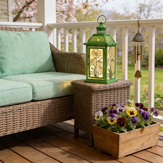 Spring Decorations for Home, 14.4" Decorative Daisy Green Lantern with 61" LED Lights(No Battery) for Home Indoor Outdoor Decor, Hanging Metal Candle Holders for Spring St.Patrick’s Day Gift