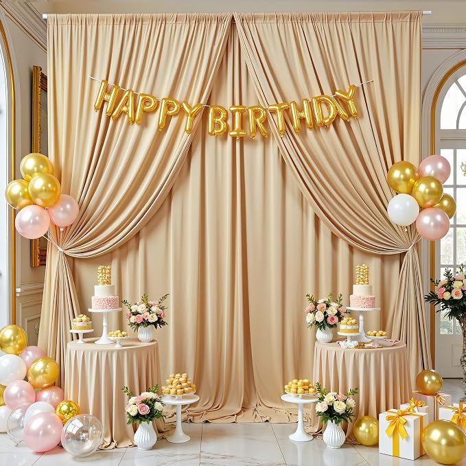 50ft×12ft Champagne Backdrop Curtain for Wedding Parties, 10 Panels Wrinkle Free Polyester Photo Backdrop Drapes Back Drop Cloth for Birthday Photography Background