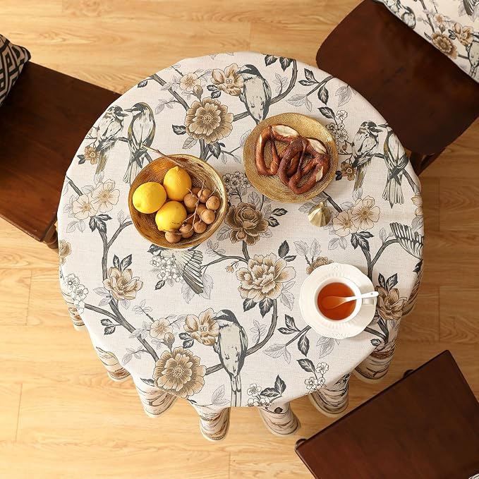 ISAENNE Designer Vintage Linen Round Tablecloth,Diameter 67"-Murad A | French Elegant Floral and Bird Pattern Beautiful Durable Table Cloth for Dining Room Tea Party Kitchen Thanksgiving,Decor