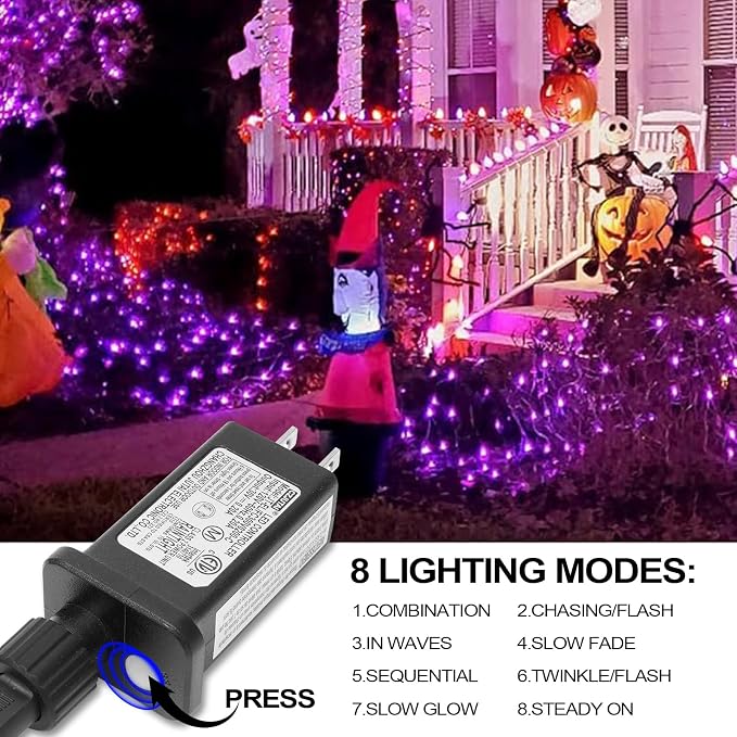 Halloween Lights, 2 Pack 98ft 150 Count String Lights, Plug-in Waterproof Fall Lights for Spooky Halloween Yard Party Decor (Purple, 150 Count - 2 Pack)