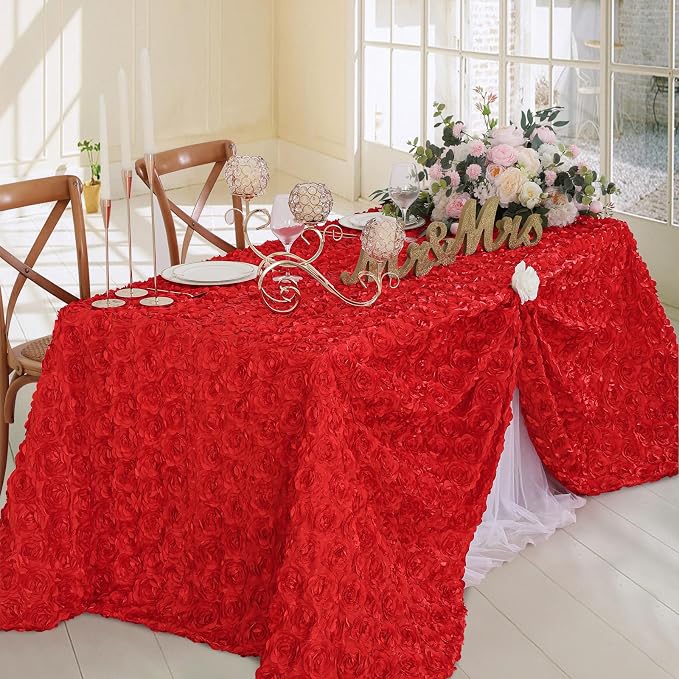 Red Rosette Tablecloth Rectangle Elegant Table Cover 90x132Inches Rosette Florals Satin Line for Wedding Party Table Decor