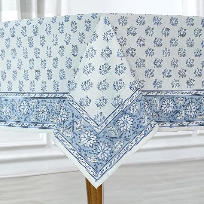 Ridhi Sky Beau Blue Hand Block Print Cotton Rectangle Tablecloth 190" x 72" inches Reusable Table Cover Decorative Everyday Use for Dining Room, Farmhouse, Home Gift for Spring, Mother's Day