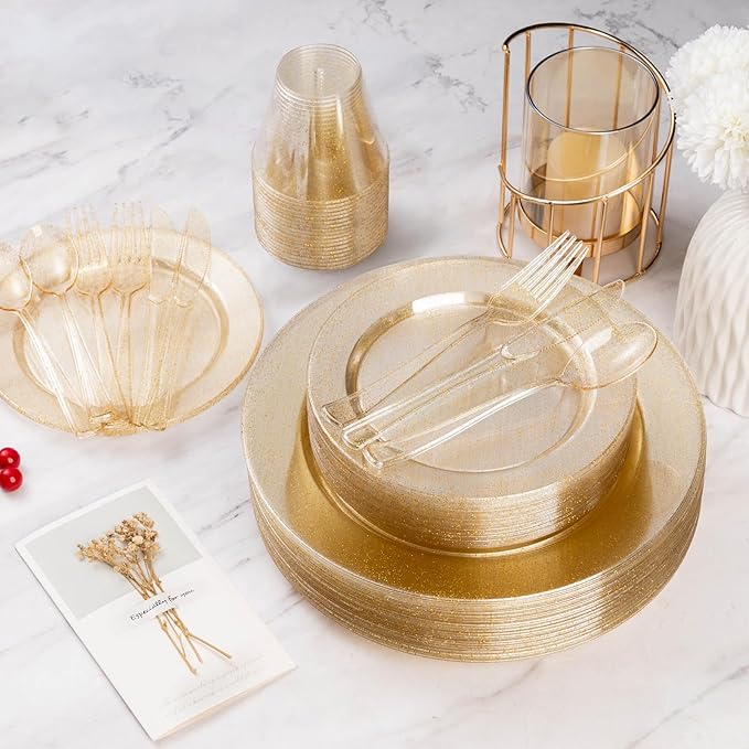 Goodluck 200PCS Gold Glitter Plastic Plates, Heavy Duty Disposable Gold Glitter Plates with 100 10.25 inch Dinner Plates, 100 7.5 inch Dessert Plates, Disposable Plates for Party, Wedding