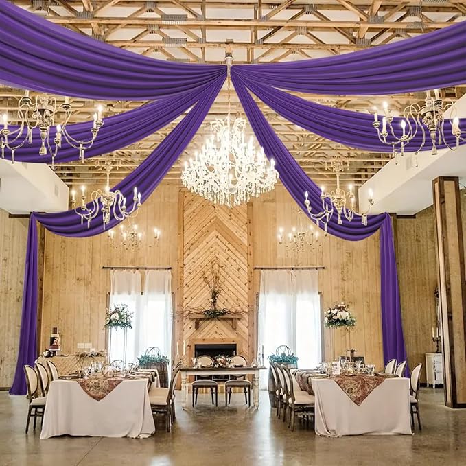 DUOBAO Chiffon Ceiling Drapes 20ft Purple Wedding Backdrops Sheer Curtains for Reception Wedding Ceremony Sheer Arch Fabric Perfect for Tent, Banquet Hall, and Event Party Supplies - 6 Panels 5x20ft