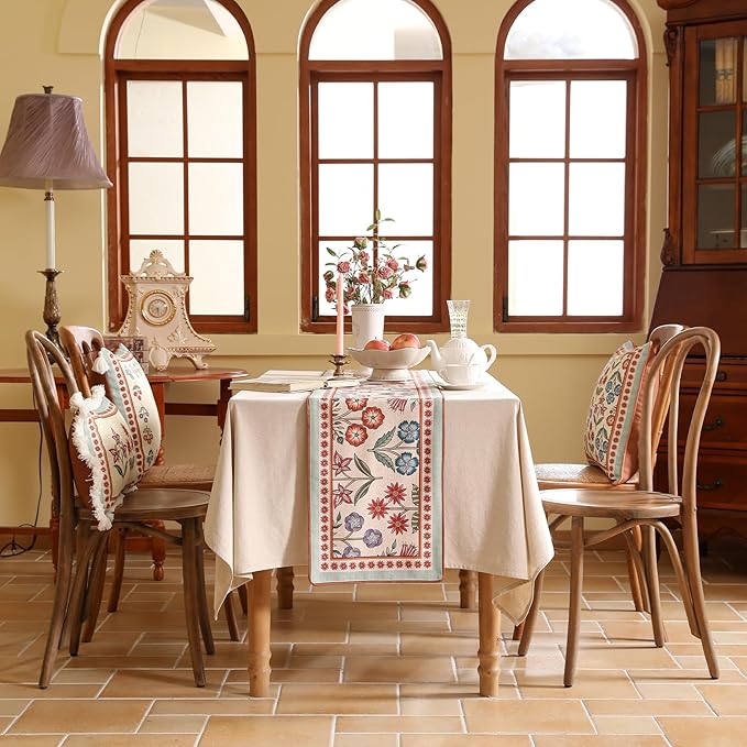 bilin gaier Floral Linen Long Table Runner,Wrinkle-Resistant Rustic Farmhouse Decor with Blue and Red Flower,Decorative Luxury Vintage Runner Table Cloth for Coffee & Dining Table,12"x71" - Lohi