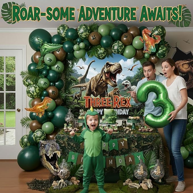 T-Rex Dinosaur Birthday Decorations include Dark Green Brown Gold balloon arch & small Dino Foil balloons & banner backdrop & footprint stickers for Kids Boys Jungle Safari Dino 3rd Party Supplies