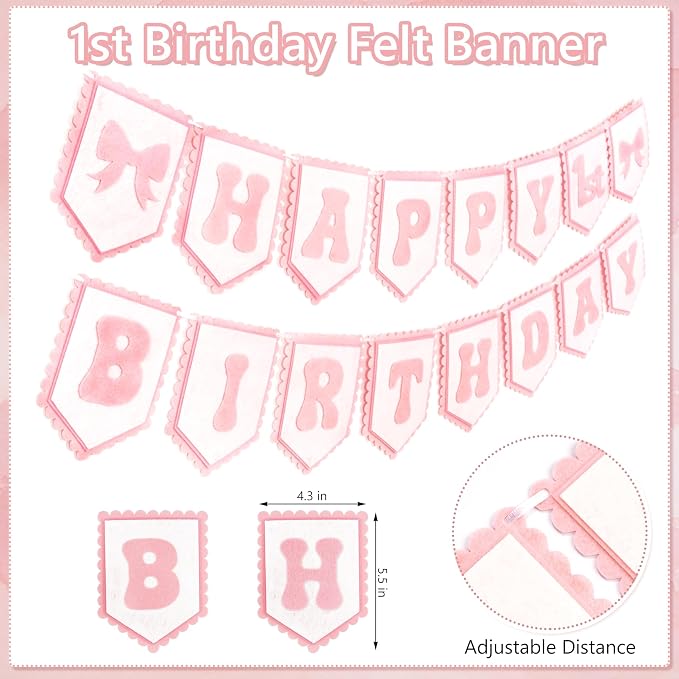 THAWAY 1st Birthday Decorations Girl - Pink First Birthday Decorations for Girl with One High chair banner, Felt Banner, Hat and Glitter Cake Topper for Baby Girl Birthday Photoshoot Props