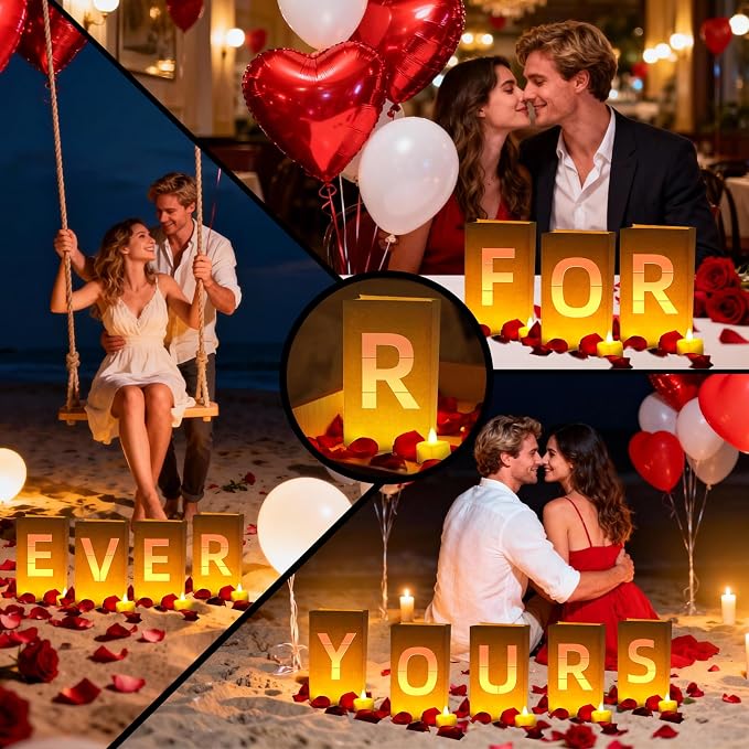 FOREVER YOURS Light Up Letters, with Tea Lights Candles, Rose Petals, Pearlescent Foil Balloons - Luminary Paper Bags, Anniversary Decorations and Valentines' Day Decorations for Your Loved One