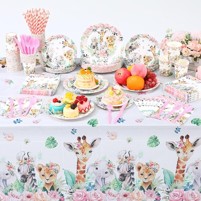 Funnymoom 452 Pcs Safari Birthday Party Supplies Include Jungle Theme Paper Plates Napkins Cups Tablecloth Cutlery Straws for Animal Safari Jungle Wild Birthday Baby Shower Party Decorations