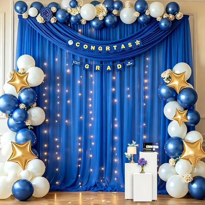 10ft x 10ft Royal Blue Chiffon Backdrop Curtain with Lights String for Parties,2 Panels Sheer Tulle Curtain Wedding Backdrop for Baby Shower Birthday Party Ceremony Reception Home Decorations