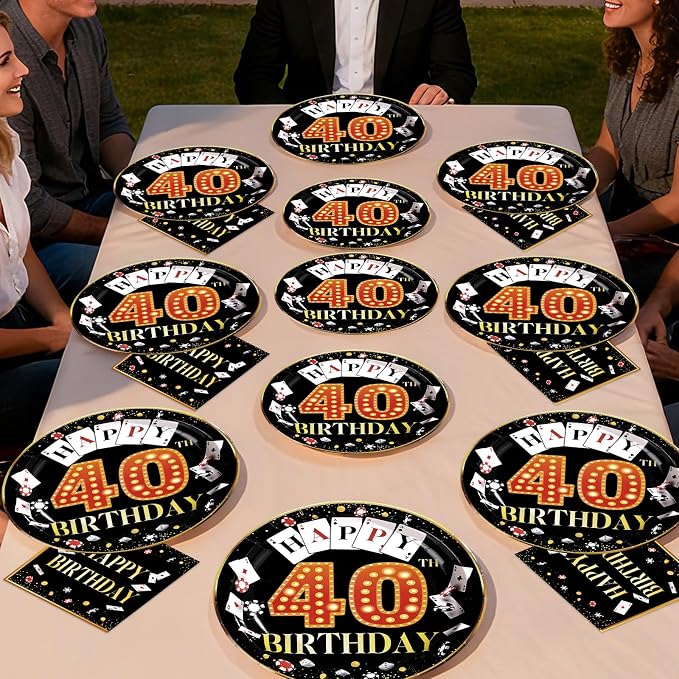 96Pcs Casino 40th Birthday Decoration Casino Themed Paper Plates and Napkins 40th Las Vegas Party Decoration for 40 Years Birthday Poker Game Night Vegas Party Supplies