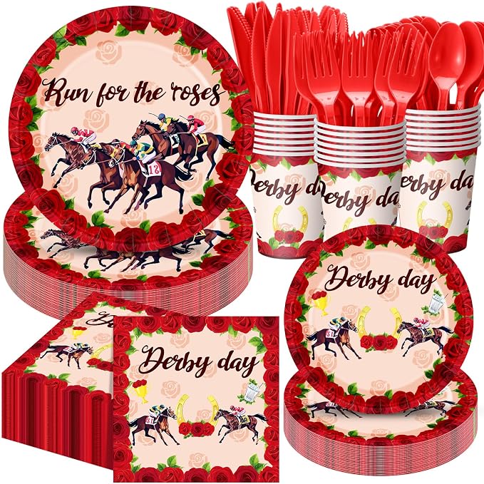 Funnymoom 400 Pcs Derby Run for The Roses Party Supplies, Horse Racing Paper Plates Napkins Cups Cutlery Set, Western Cowboy Disposable Dinnerware for Preakness Party Bridal Shower, Serves 50 Guests