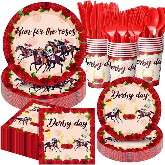 Funnymoom 400 Pcs Derby Run for The Roses Party Supplies, Horse Racing Paper Plates Napkins Cups Cutlery Set, Western Cowboy Disposable Dinnerware for Preakness Party Bridal Shower, Serves 50 Guests